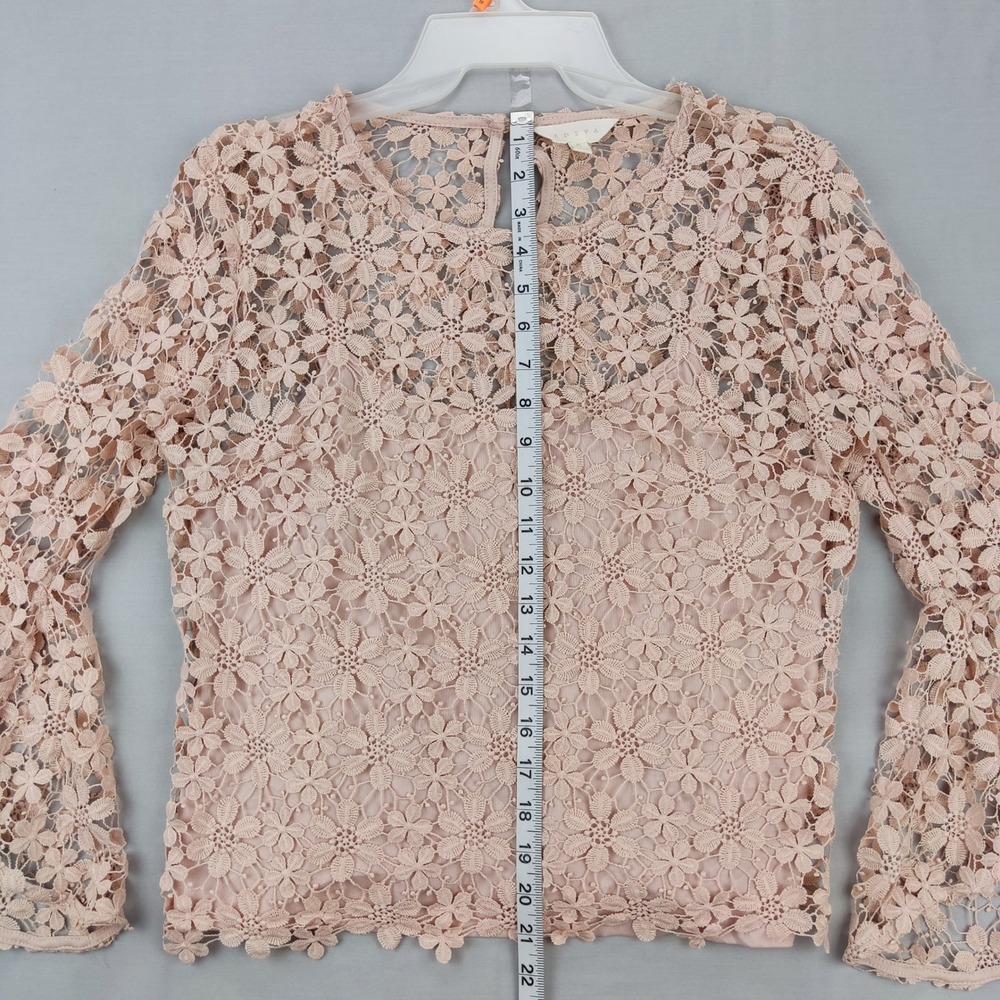 Adiva Blouse Womens Medium Pink Floral Crochet Lace Bell Sleeve Keyhole Top - Picture 5 of 8
